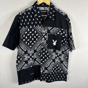 Playboy Bandana Paisley Button Up Shirt Men’s M Black Bunny Print